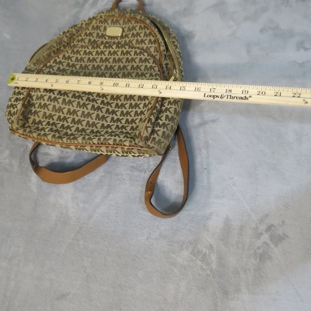 Michael Kors Abbey Backpack Signature Monogram Canvas Tan Leather Gold Hardware